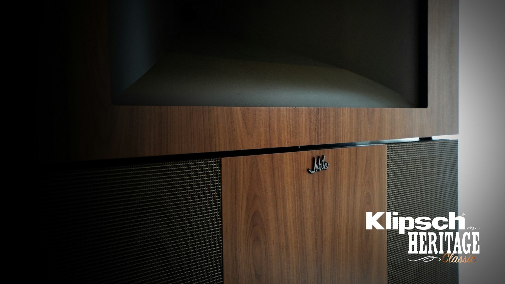 Close up of the Klipsch Jubilee and a Klipsch Heritage Classic logo overlaid on the image
